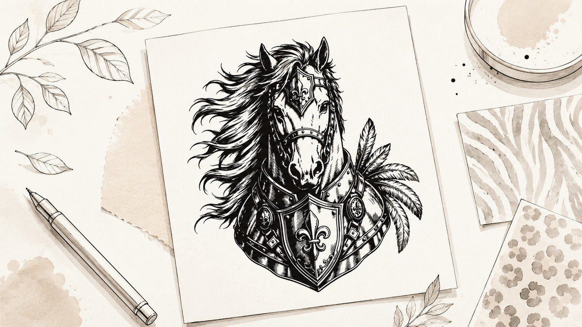 Semi permanent tattoo illustration featuring a detailed horse in ornate armor, surrounded by zebra and leopard print swatches.