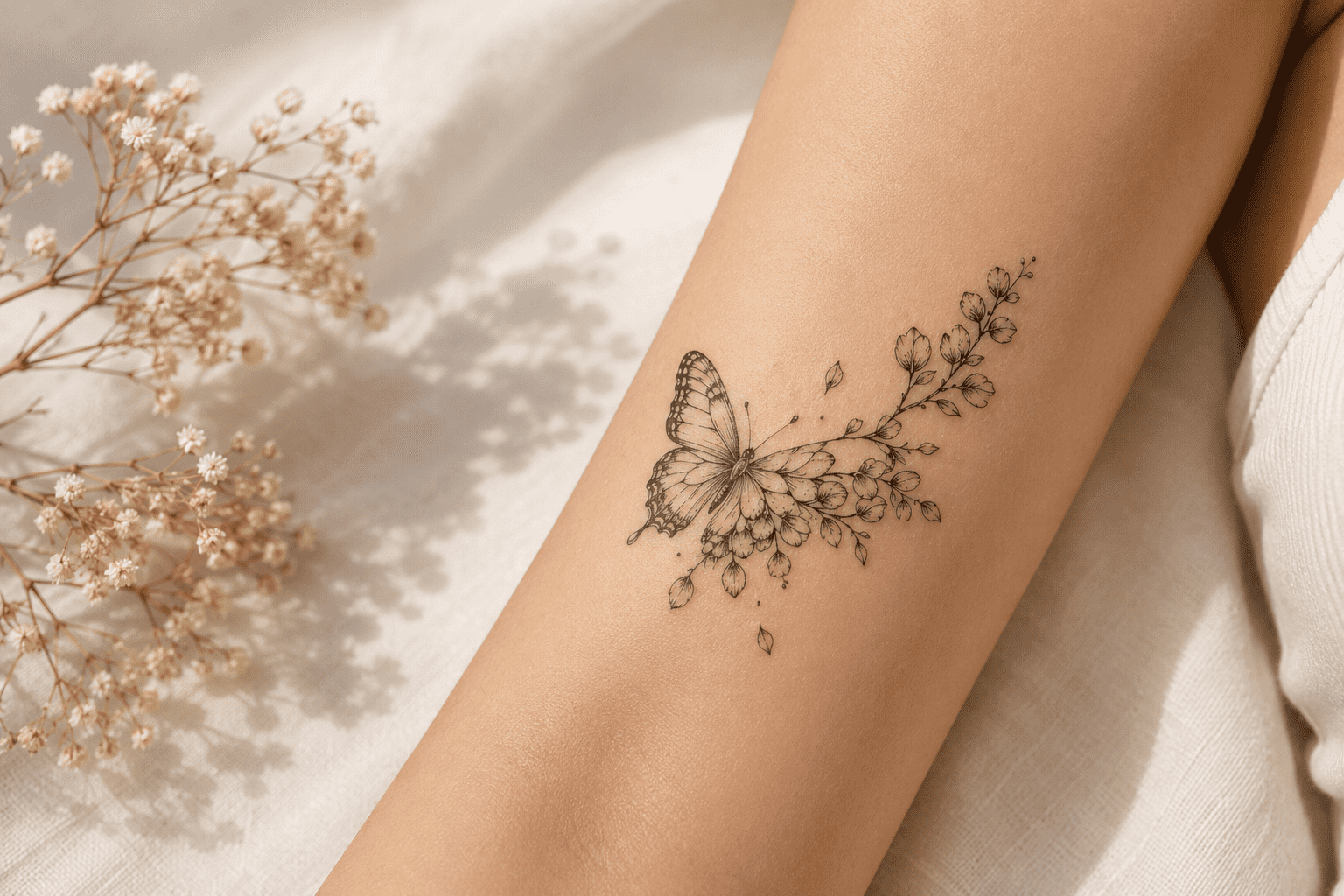 Butterfly floral semi-permanent tattoo on upper arm with soft natural minimalist styling.