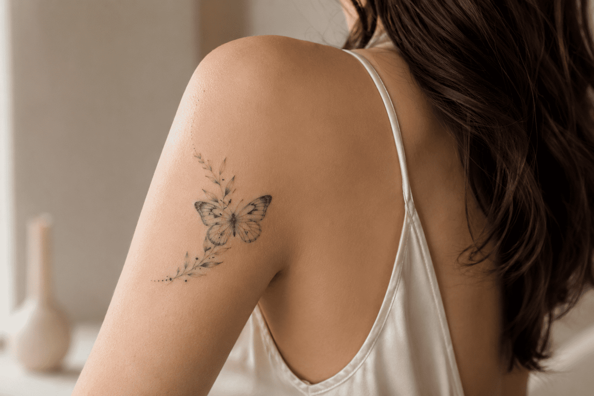 Butterfly semi-permanent tattoo on the upper arm 