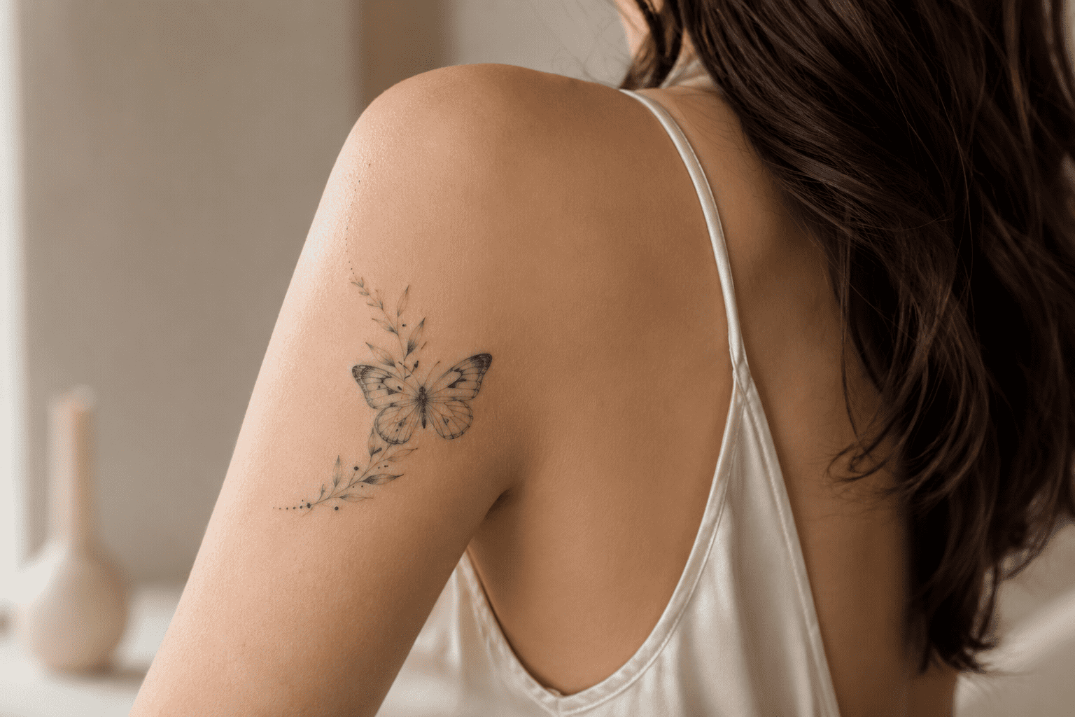 Butterfly semi-permanent tattoo on the upper arm 