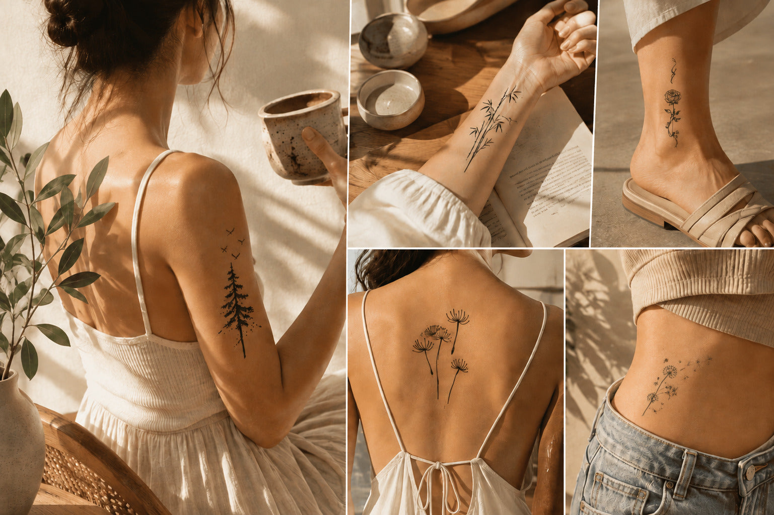 Lifestyle collage showing temporary tattoos in natural placements, including a pine tree with birds, bamboo, floral stems, and delicate botanical designs on the arm, wrist, ankle, back, and waist.