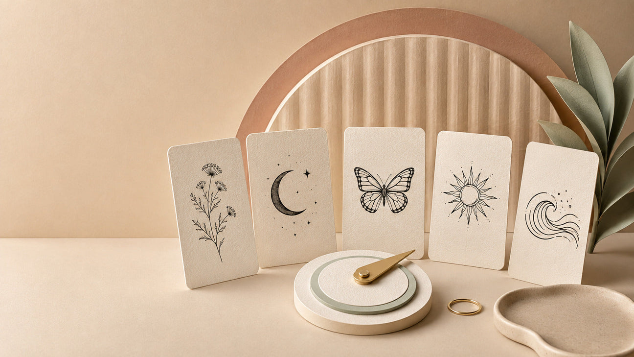 A curated display of temporary tattoo designs for adults, including a wildflower, crescent moon, butterfly, sun, and ocean wave on cream cards.