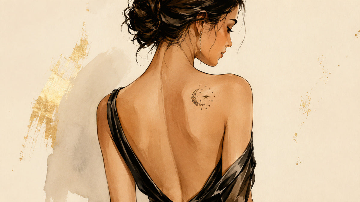 Woman shown from behind wearing a crescent moon and star semi-permanent tattoo on her upper shoulder in a warm illustrated portrait.
