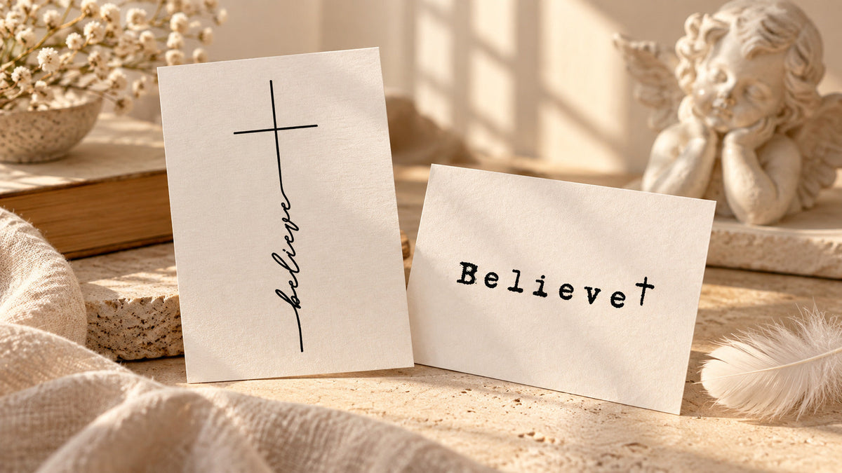 Religious temporary tattoo designs featuring a minimalist cross with “believe” lettering, styled beside an angel statue in warm sunlight.