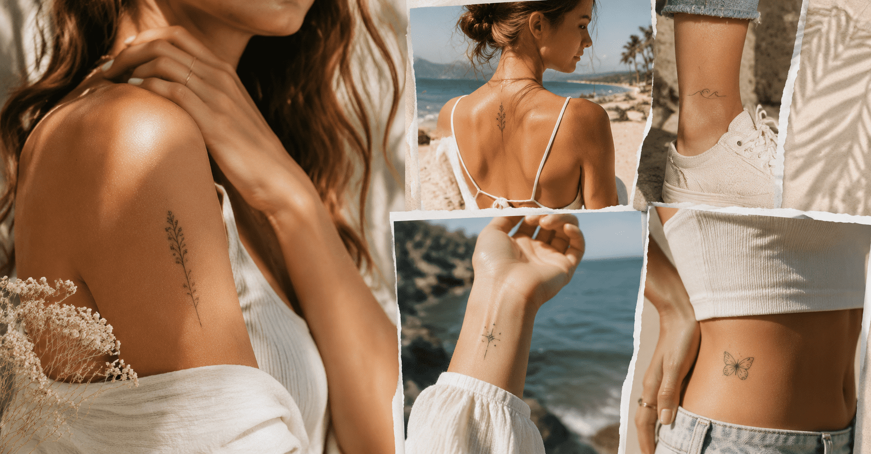 Collage of delicate semi-permanent tattoo designs on different body placements, including floral, butterfly, and fine line tattoos in natural beach-inspired settings.