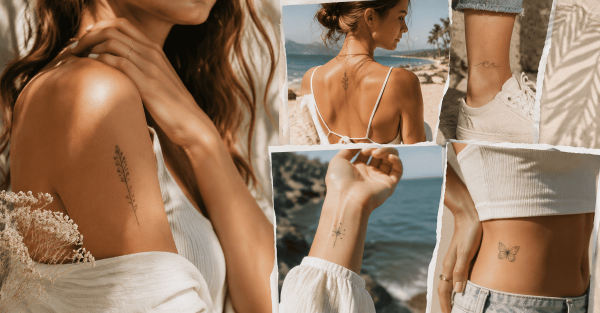 Collage of delicate semi-permanent tattoo designs on different body placements, including floral, butterfly, and fine line tattoos in natural beach-inspired settings.