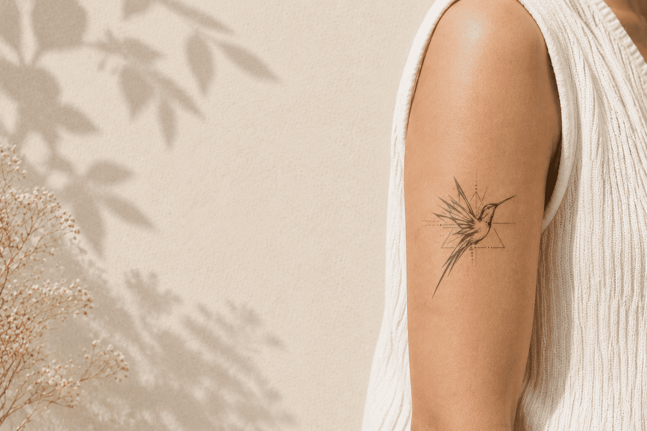 Fine-line hummingbird design from bird temporary tattoos, placed on a woman’s upper arm with delicate geometric details and a warm natural background.