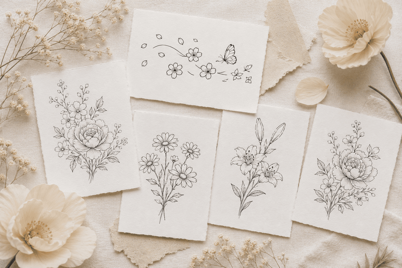 Fine-line flower semi-permanent tattoo designs displayed on paper with soft floral styling for a natural botanical look.
