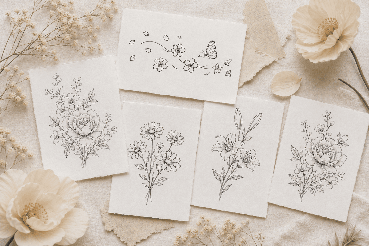 Fine-line flower semi-permanent tattoo designs displayed on paper with soft floral styling for a natural botanical look.