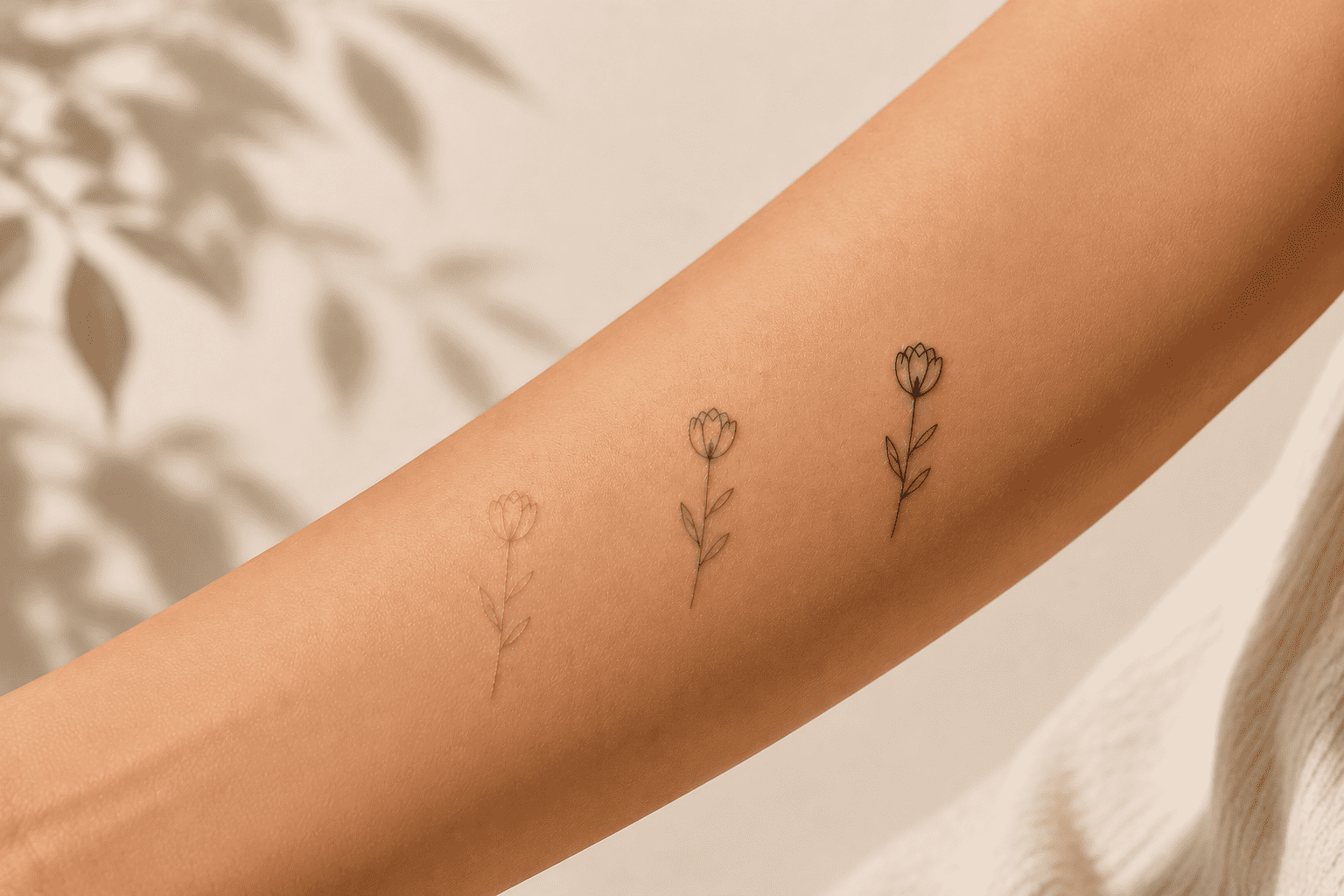 Fine line flower semi-permanent tattoo on forearm showing gradual color development over 48 hours.