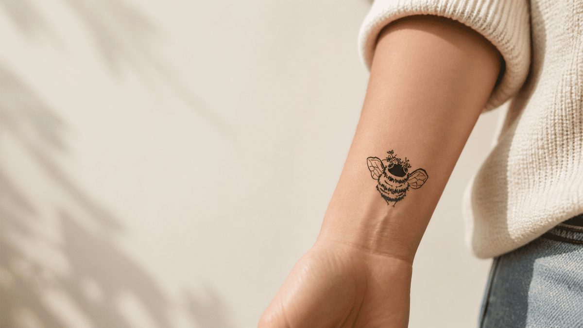 Semi-permanent tattoo featuring a detailed bumblebee wearing a tiny flower crown on the inner forearm.