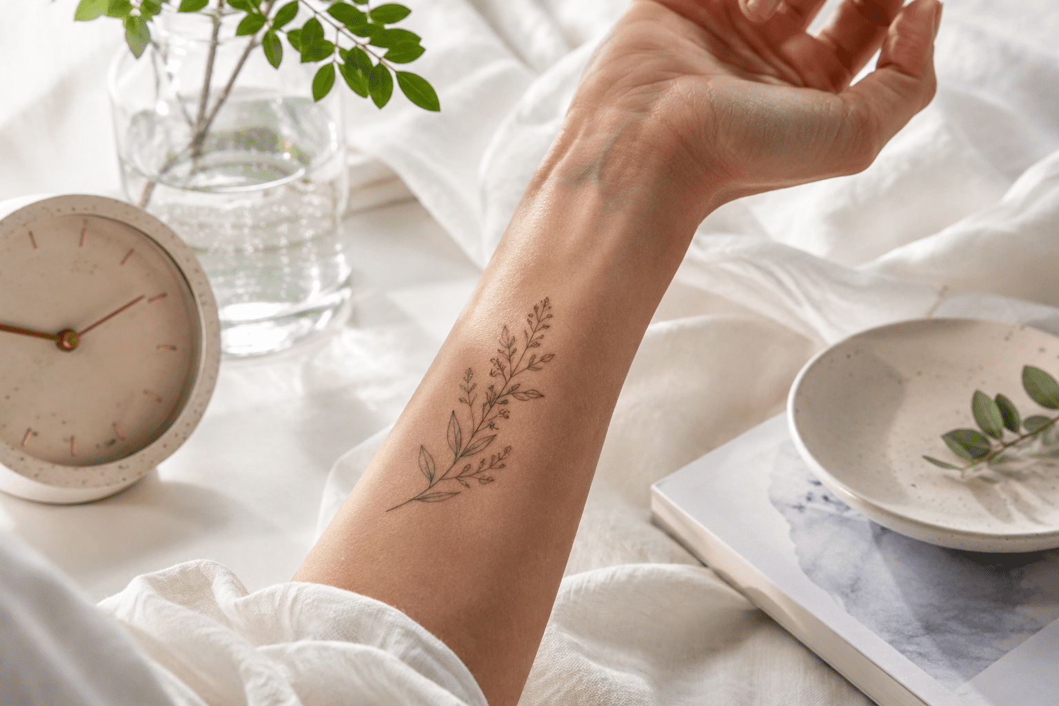 Forearm with a fine line botanical tattoo