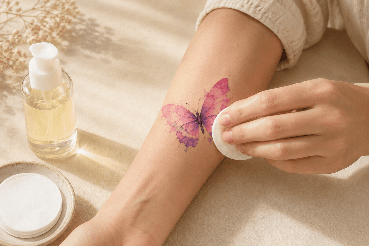 Hand gently wiping a pink-purple butterfly temporary tattoo on a forearm with a cotton pad, alongside skincare oil and cotton pads on a soft beige surface.