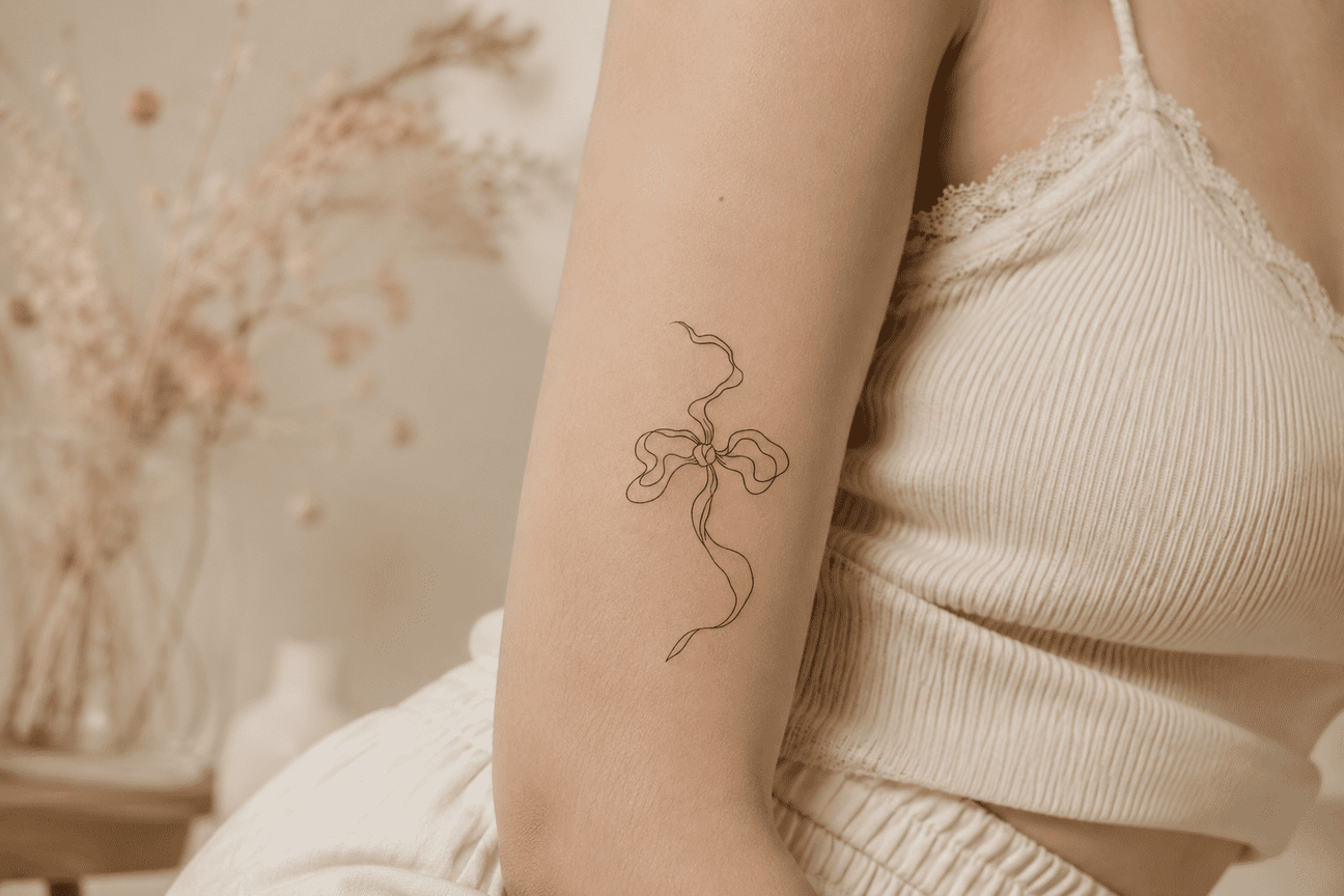 Minimal ribbon bow tattoo with flowing line art on the inner arm