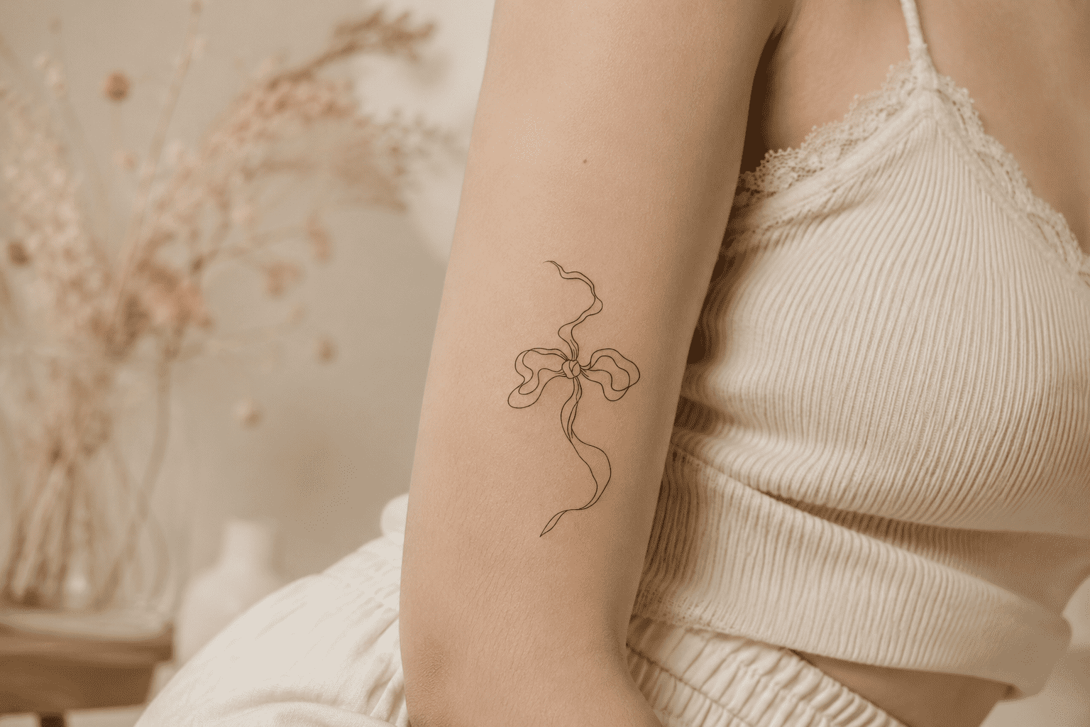 Minimal ribbon bow tattoo with flowing line art on the inner arm