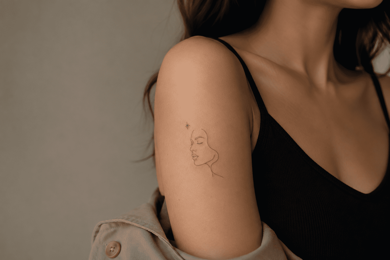Minimalist face line art herbal semi-permanent tattoo on upper arm with a natural fine-line look.