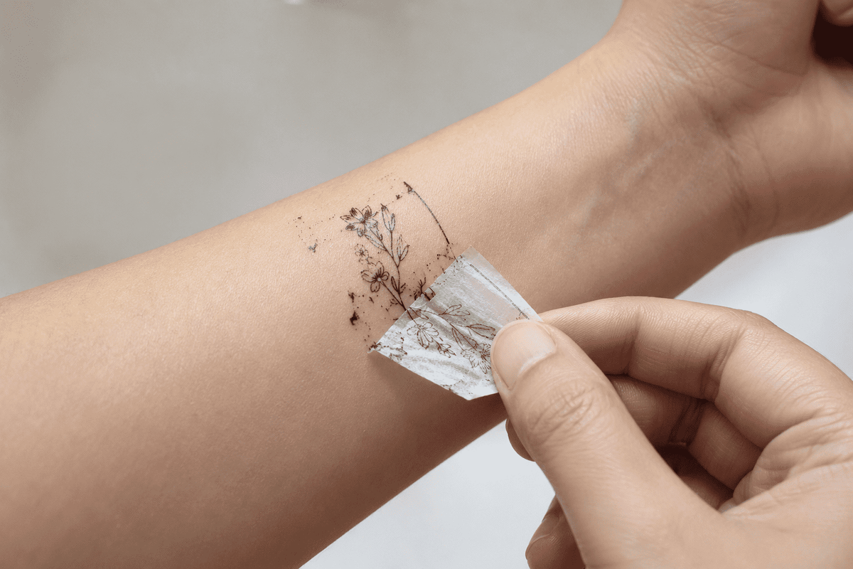 The temporary tattoo sticker was applied to my arm but not properly.