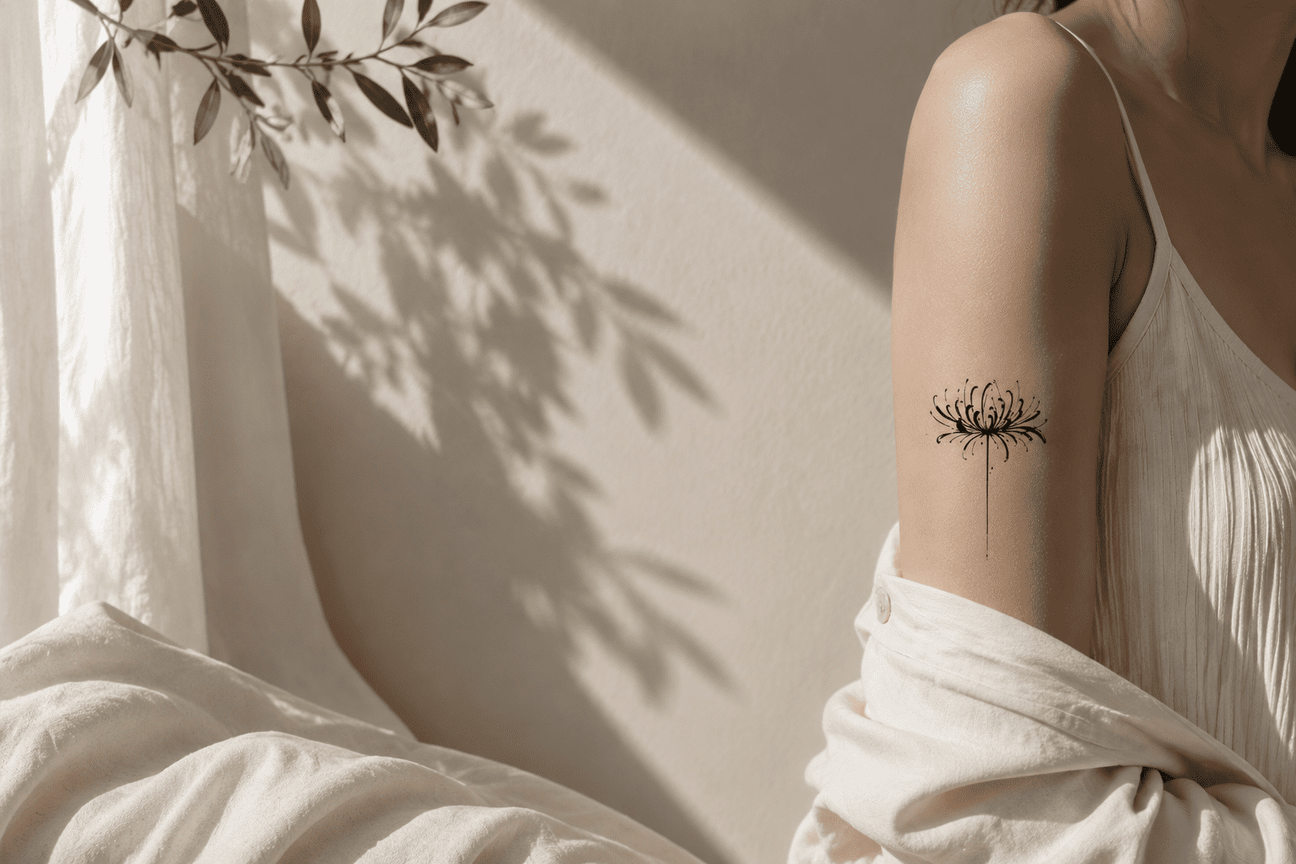 Flower temporary tattoo featuring a delicate spider lily with long curling petals and a slender stem on the upper arm.