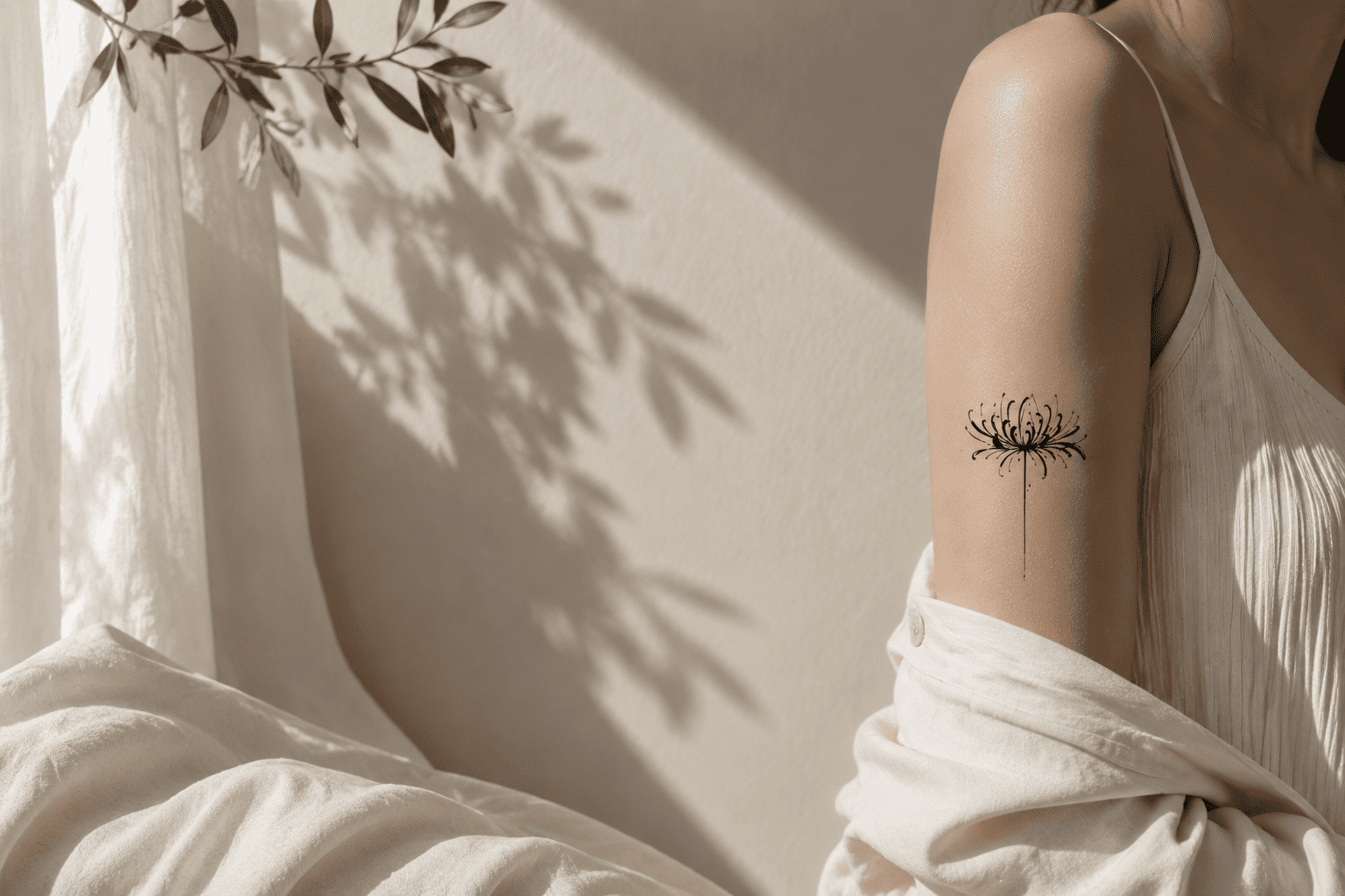 Flower temporary tattoo featuring a delicate spider lily with long curling petals and a slender stem on the upper arm.
