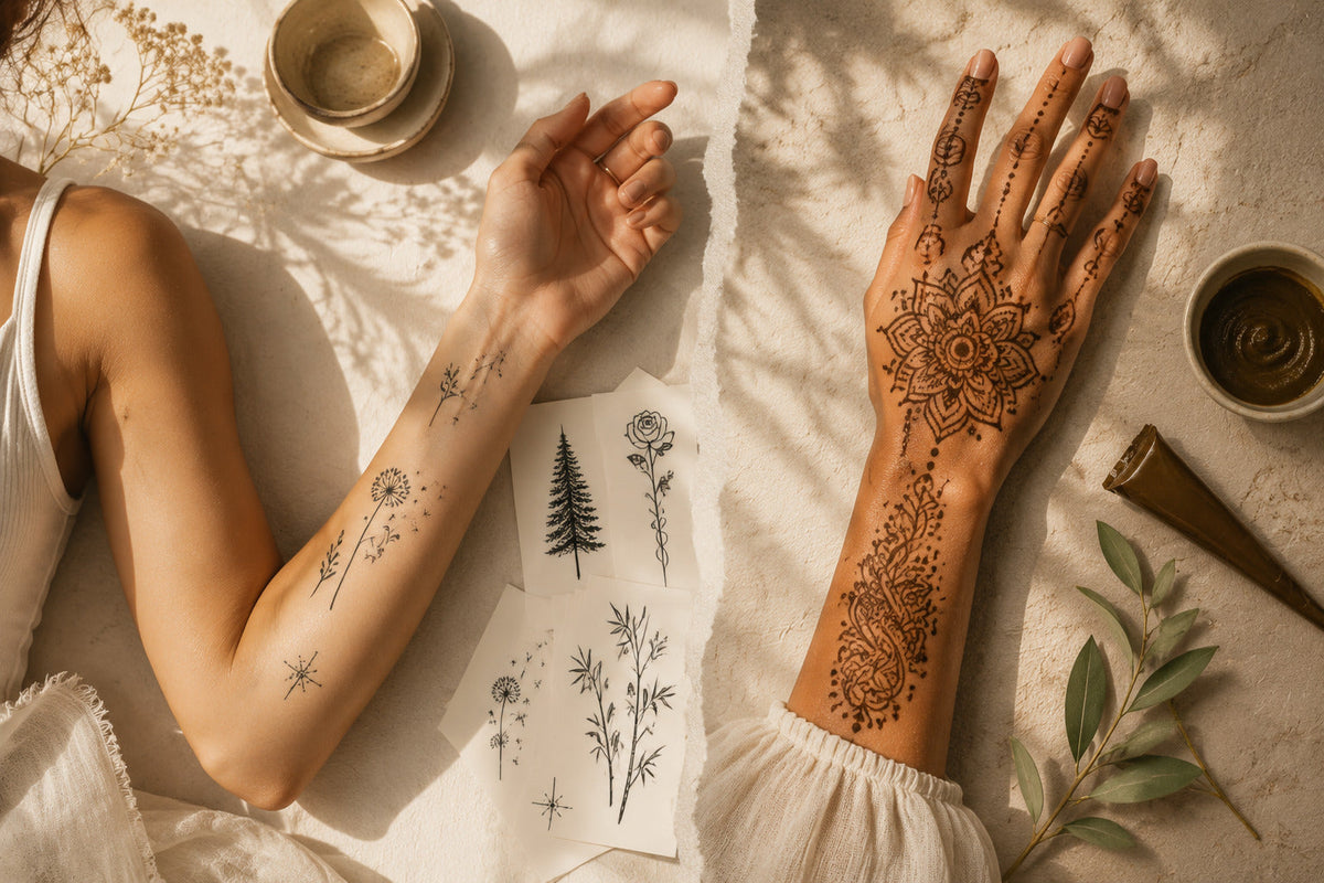 Side-by-side comparison of fine-line botanical temporary tattoos on the forearm and intricate brown henna tattoos covering the hand and wrist.
