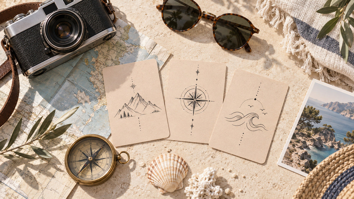 Travel Semi Permanent Tattoo: Mountains, Compass & Waves