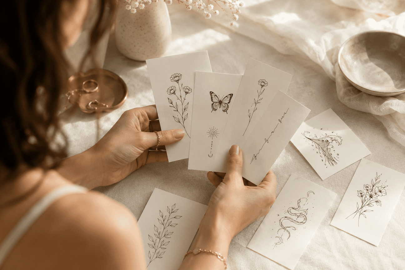 Woman choosing fine line temporary tattoo designs featuring flowers, a butterfly, celestial symbols, and minimalist script.