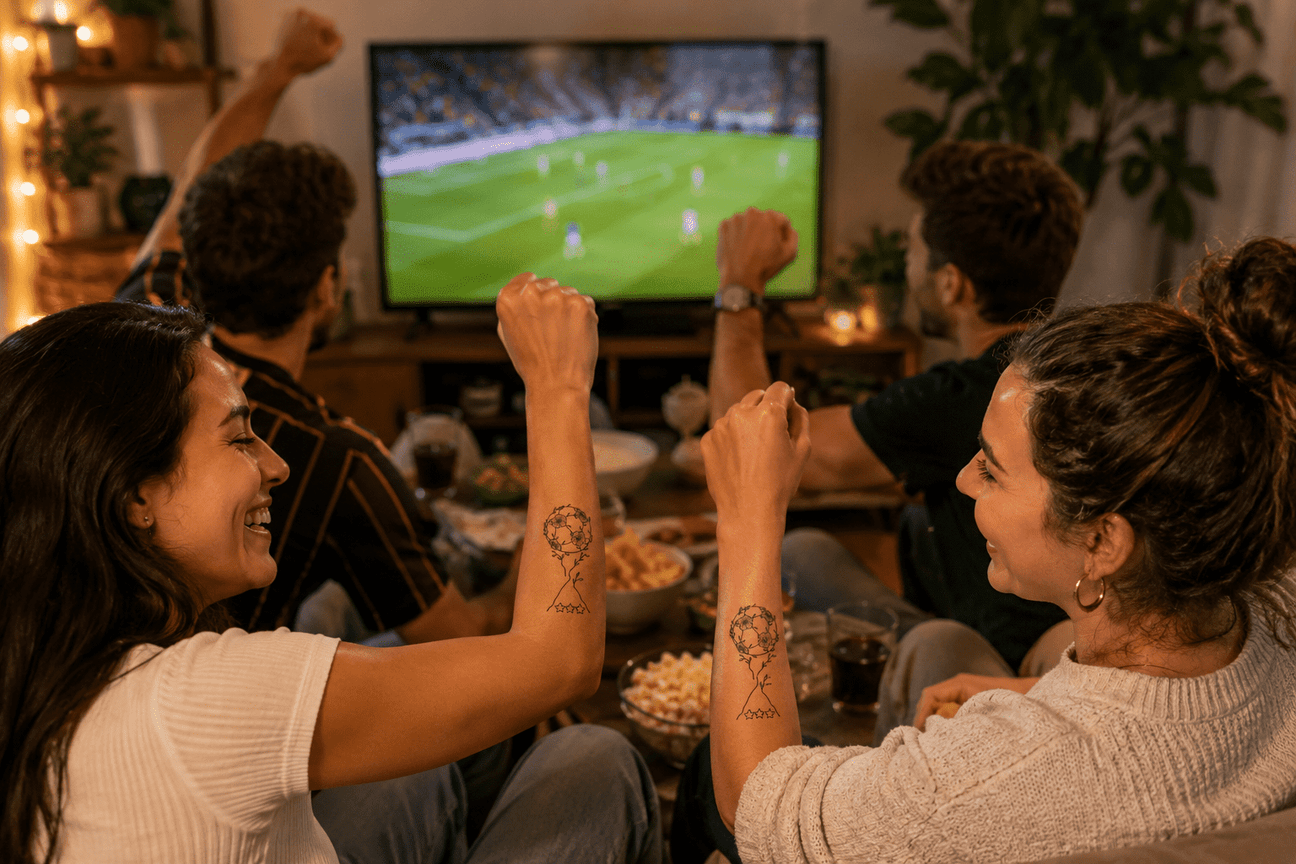 Football fans celebrating match day at home with matching temporary tattoos while watching a live soccer game on TV.