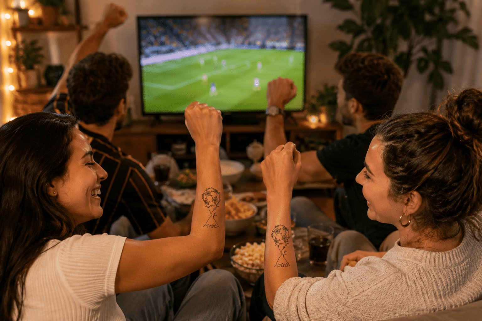 Football fans celebrating match day at home with matching temporary tattoos while watching a live soccer game on TV.