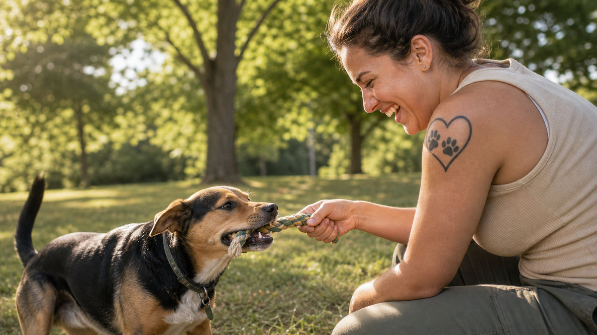 A woman playing tug-of-war with her dog in a sunlit park, wearing a heart-shaped dog paw temporary tattoo on her upper arm.