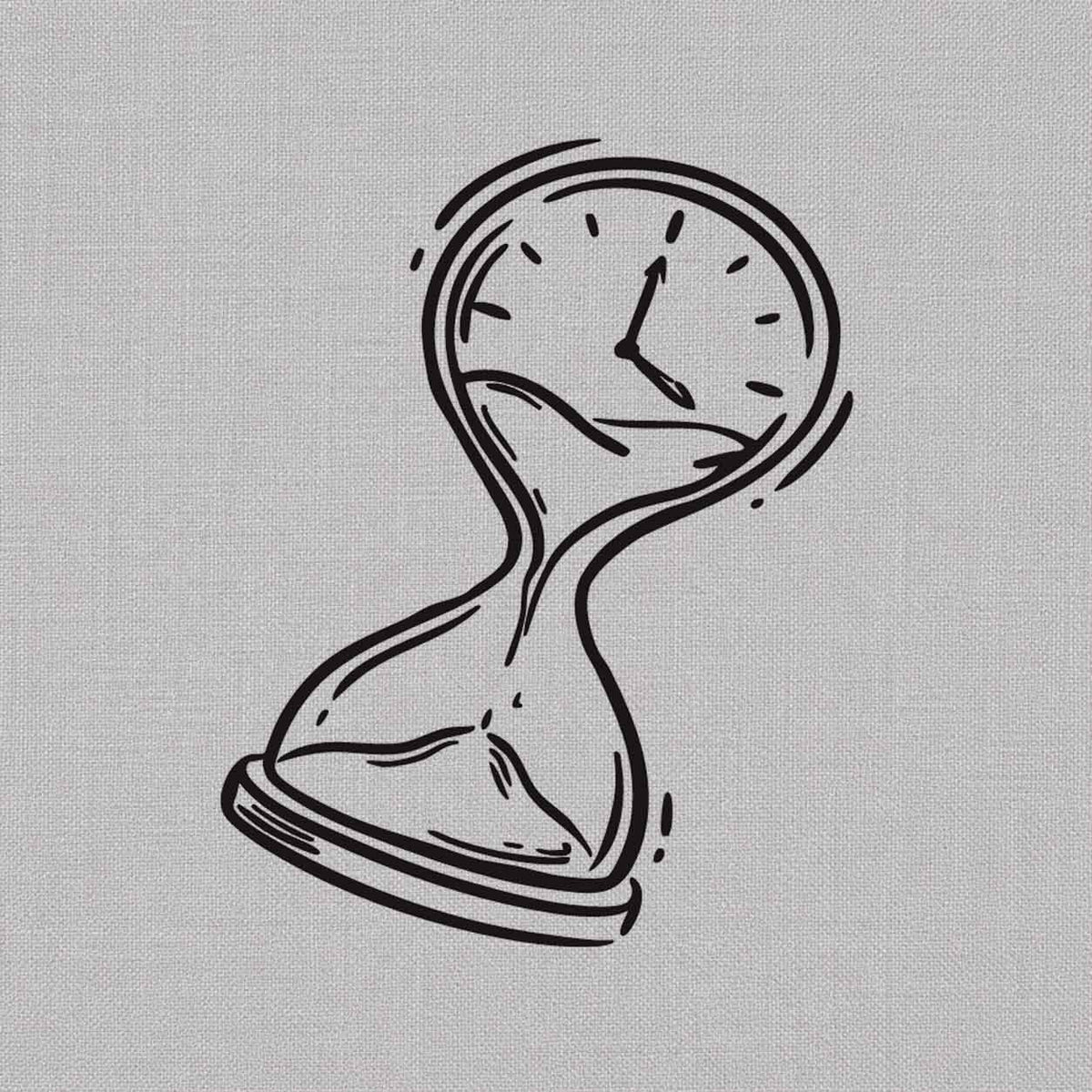 Fine line temporary tattoos design featuring an hourglass blended with a clock face, curved outlines, and flowing sand details.
