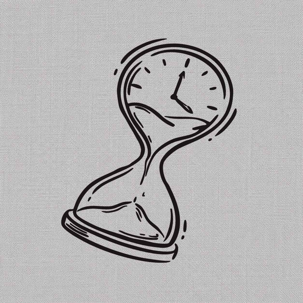 Fine line temporary tattoos design featuring an hourglass blended with a clock face, curved outlines, and flowing sand details.
