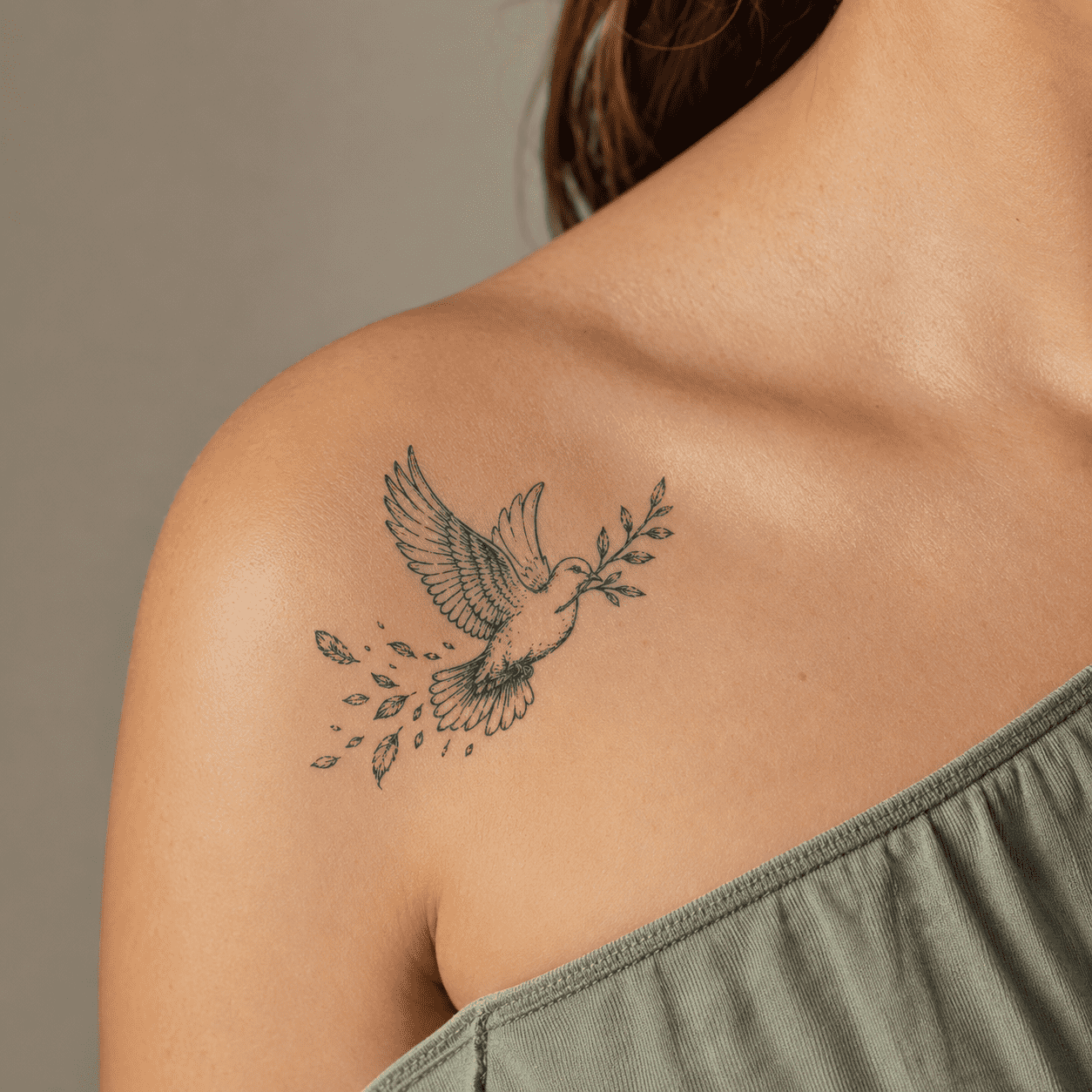 A temporary dove tattoo on the shoulder