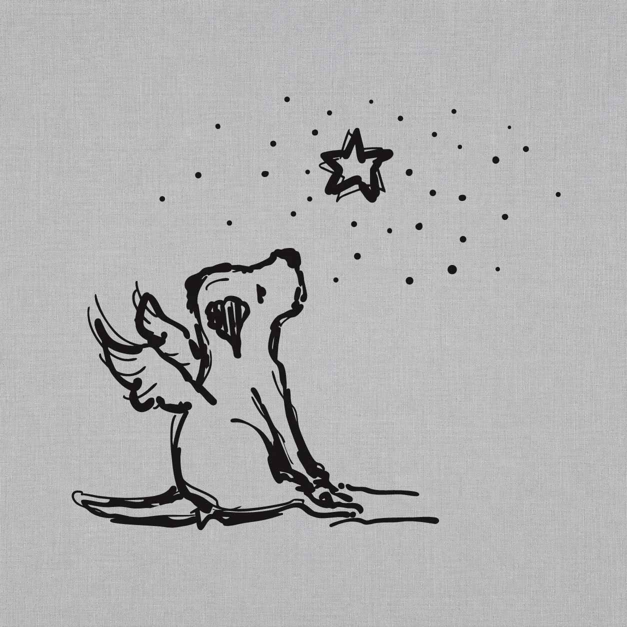 Temporary tattoo ideas design featuring a seated angel dog looking up at a star with a wing and scattered dot details.
