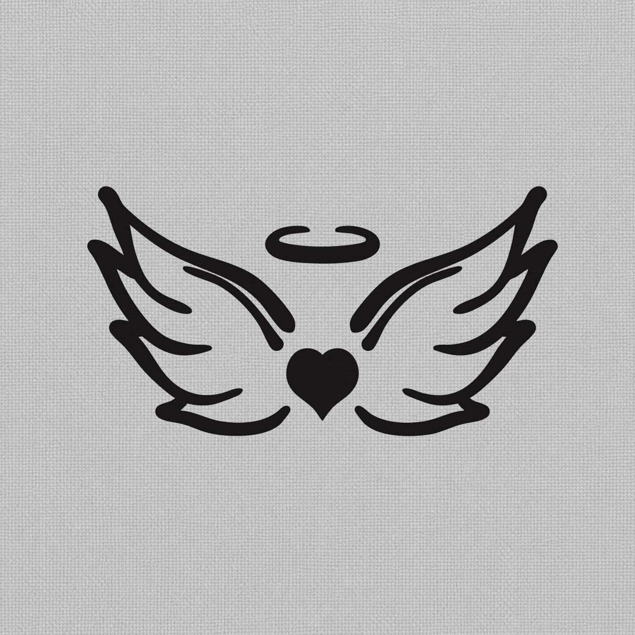 Temporary tattoo ideas design featuring symmetrical angel wings, a central black heart, and a simple halo above.
