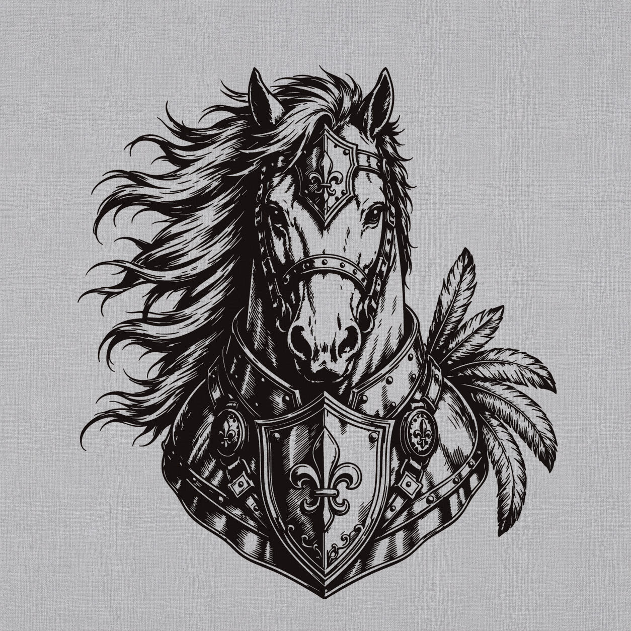 Realistic temporary tattoos design featuring an armored heraldic horse with a flowing mane and medieval-inspired details.