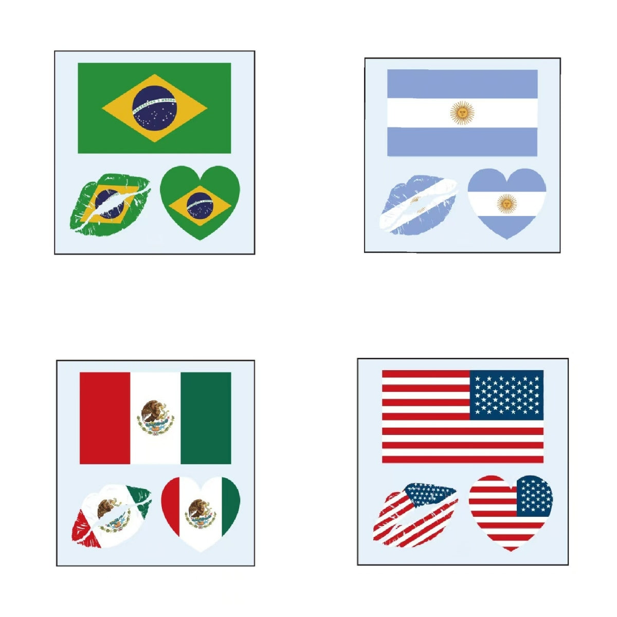 Brazil Argentina Mexico USA flag temporary tattoo set with heart and lips designs
