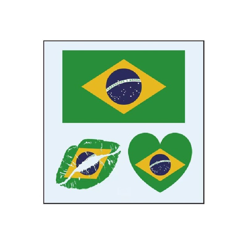 Brazil flag temporary tattoo set with green yellow heart and lips designs