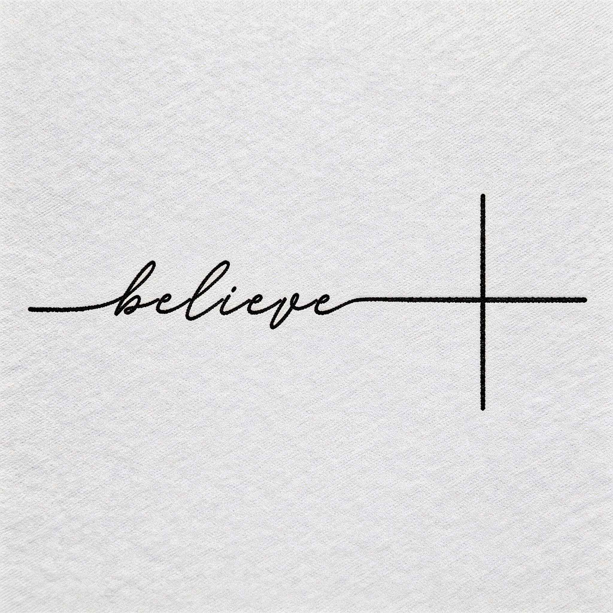 Believe cross temporary tattoo with minimalist script line art