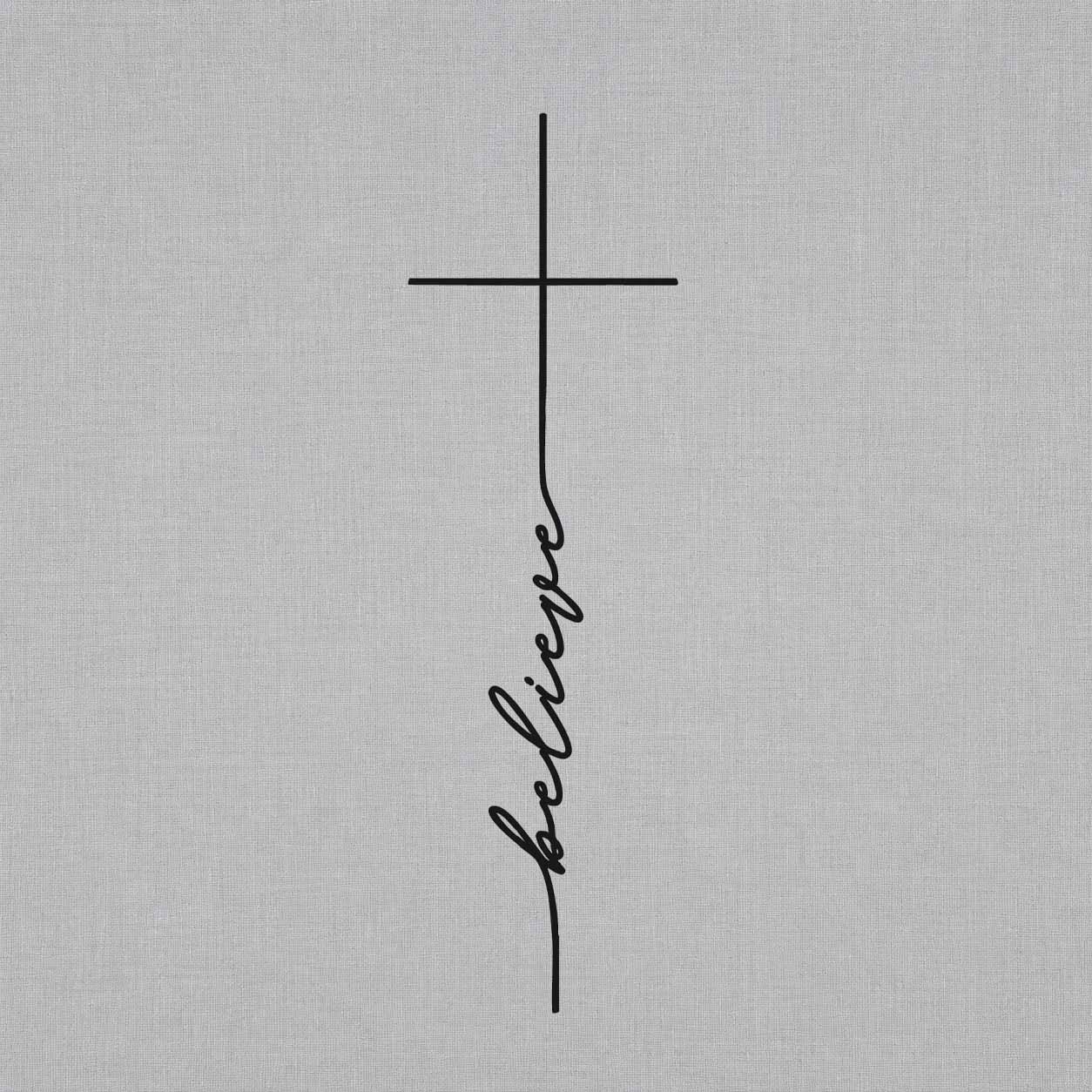 Believe cross temporary tattoo with minimalist script line art