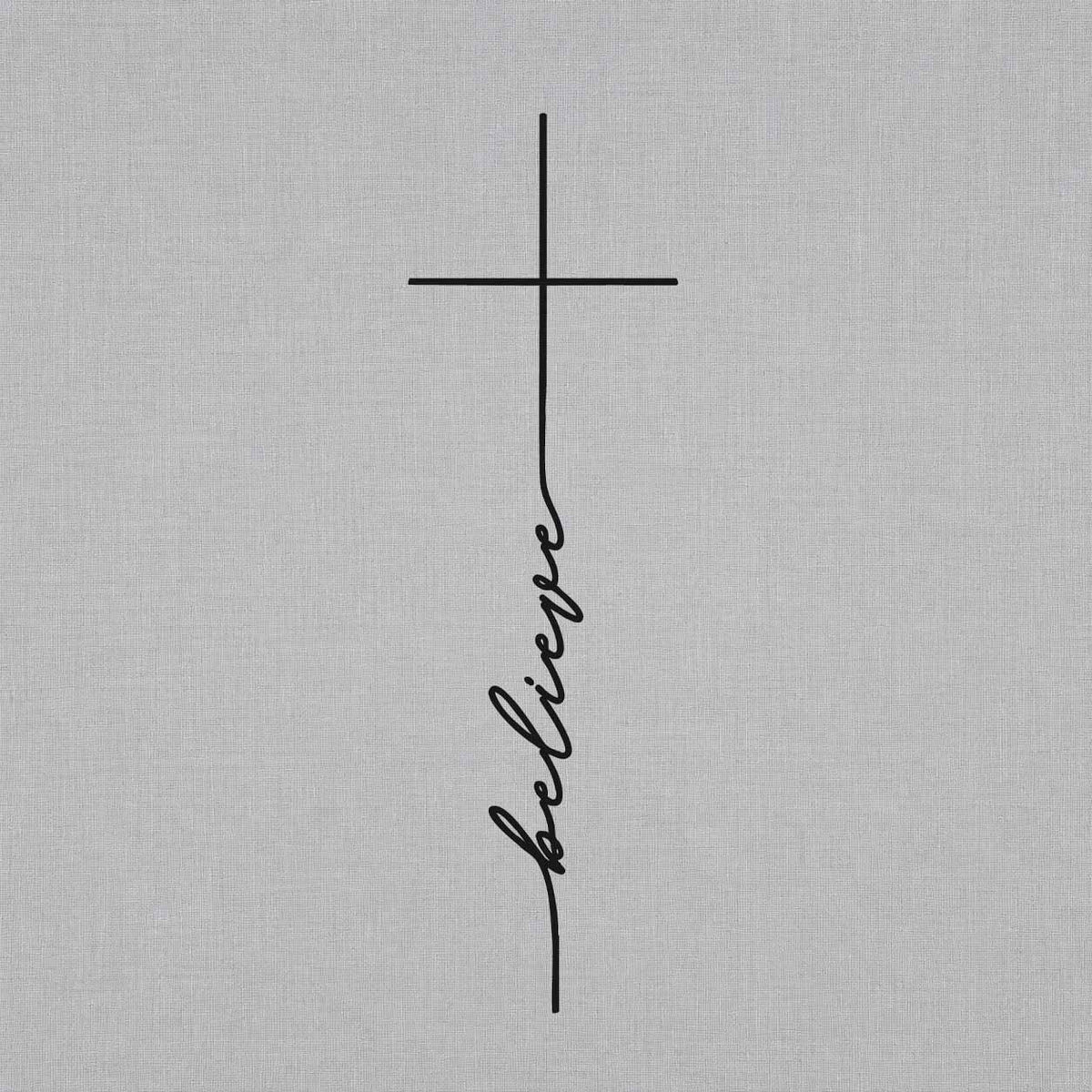Believe cross temporary tattoo with minimalist script line art