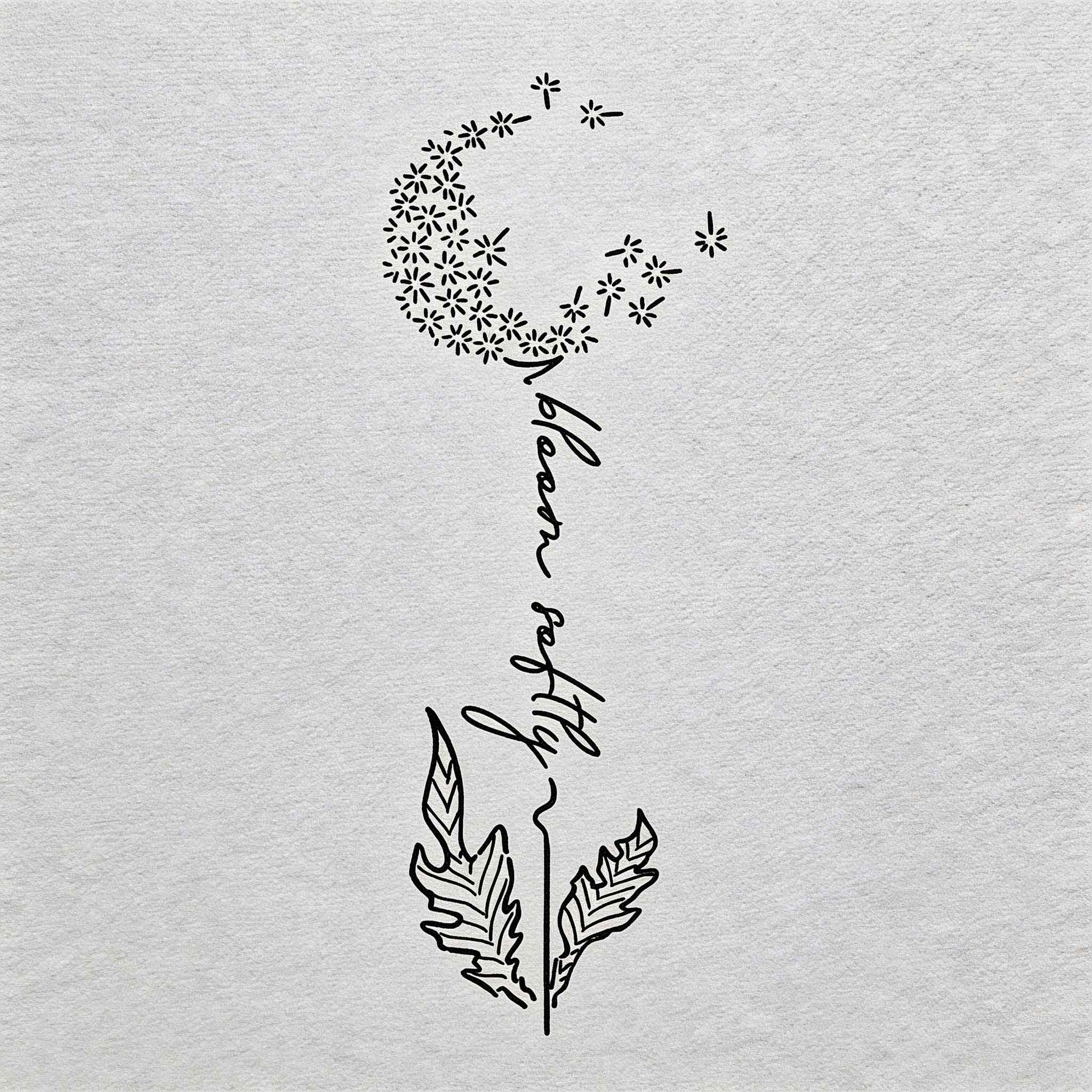 “Bloom Softly” dandelion temporary tattoo line design.