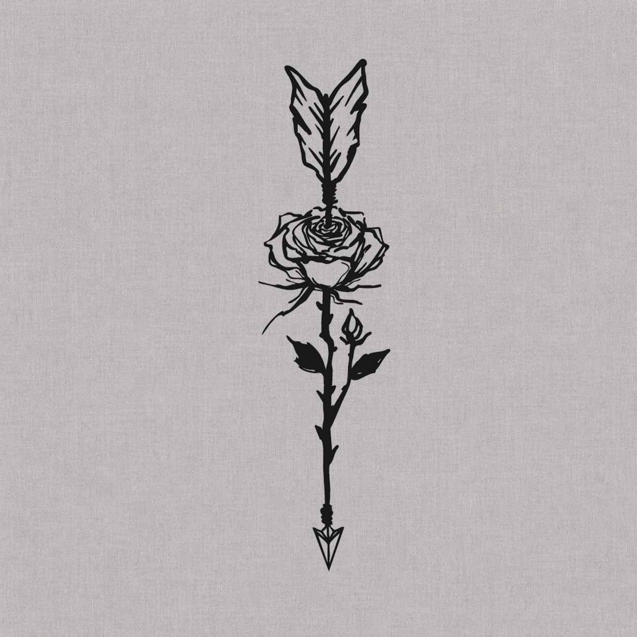 Blooming rose arrow semi-permanent tattoo featuring feathered fletching, a detailed flower, rosebud, leaves, and a pointed arrowhead.
