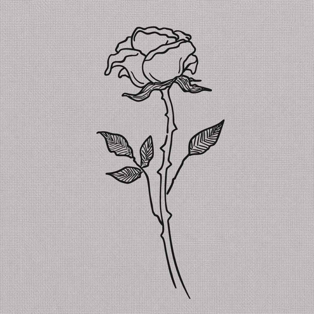Rose semi-permanent tattoo featuring a layered bloom, long thorny stem, and four detailed leaves in fine black linework.
