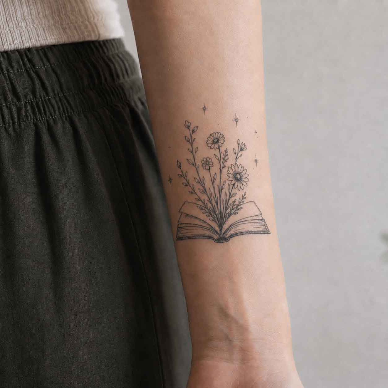 Book and wildflower temporary tattoo design on arm