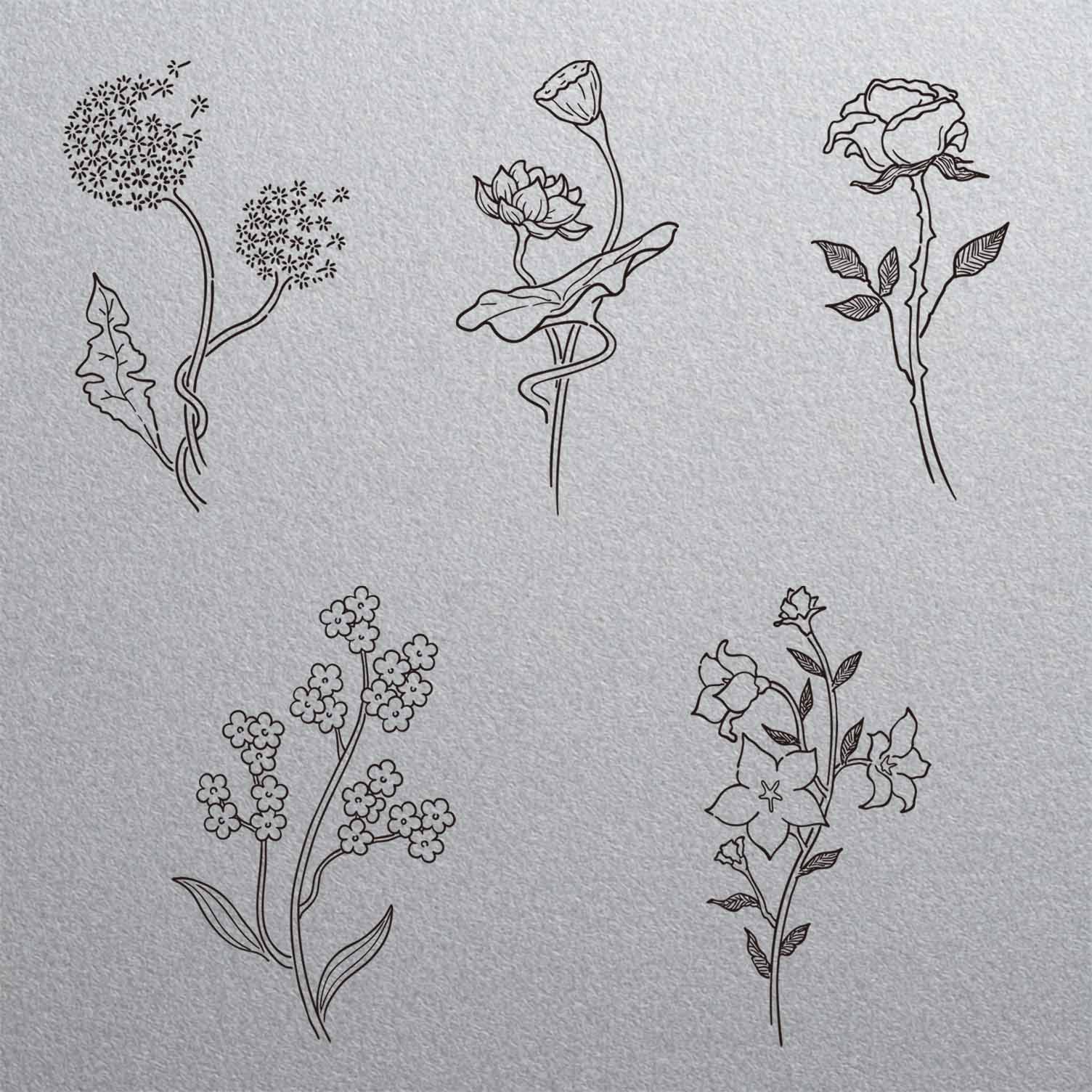 5 Pcs 2 week Botanical flower temporary tattoo set with dandelion lotus rose and wildflower line art
