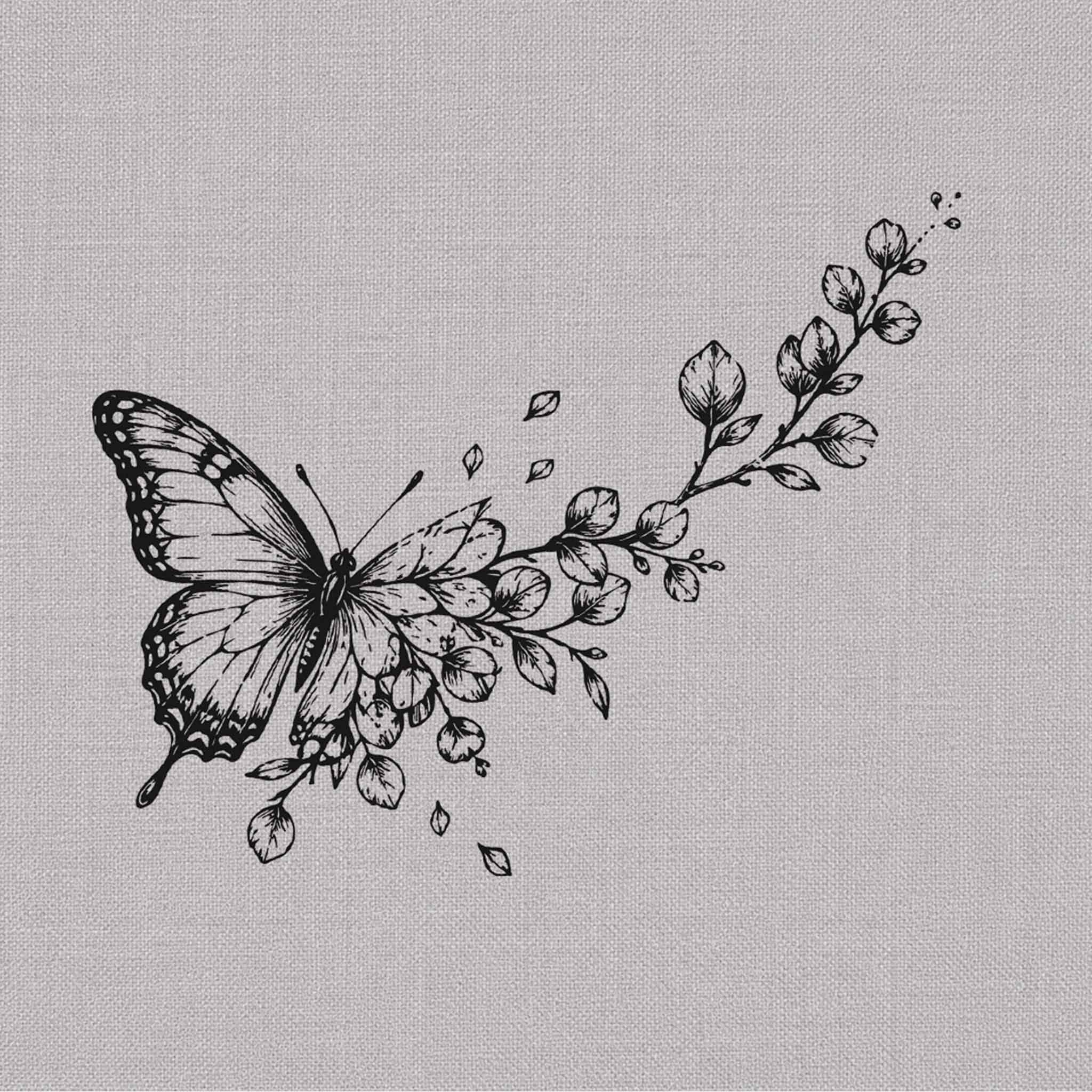 Botanical butterfly nature temp tattoo design with delicate leaves and fine line details