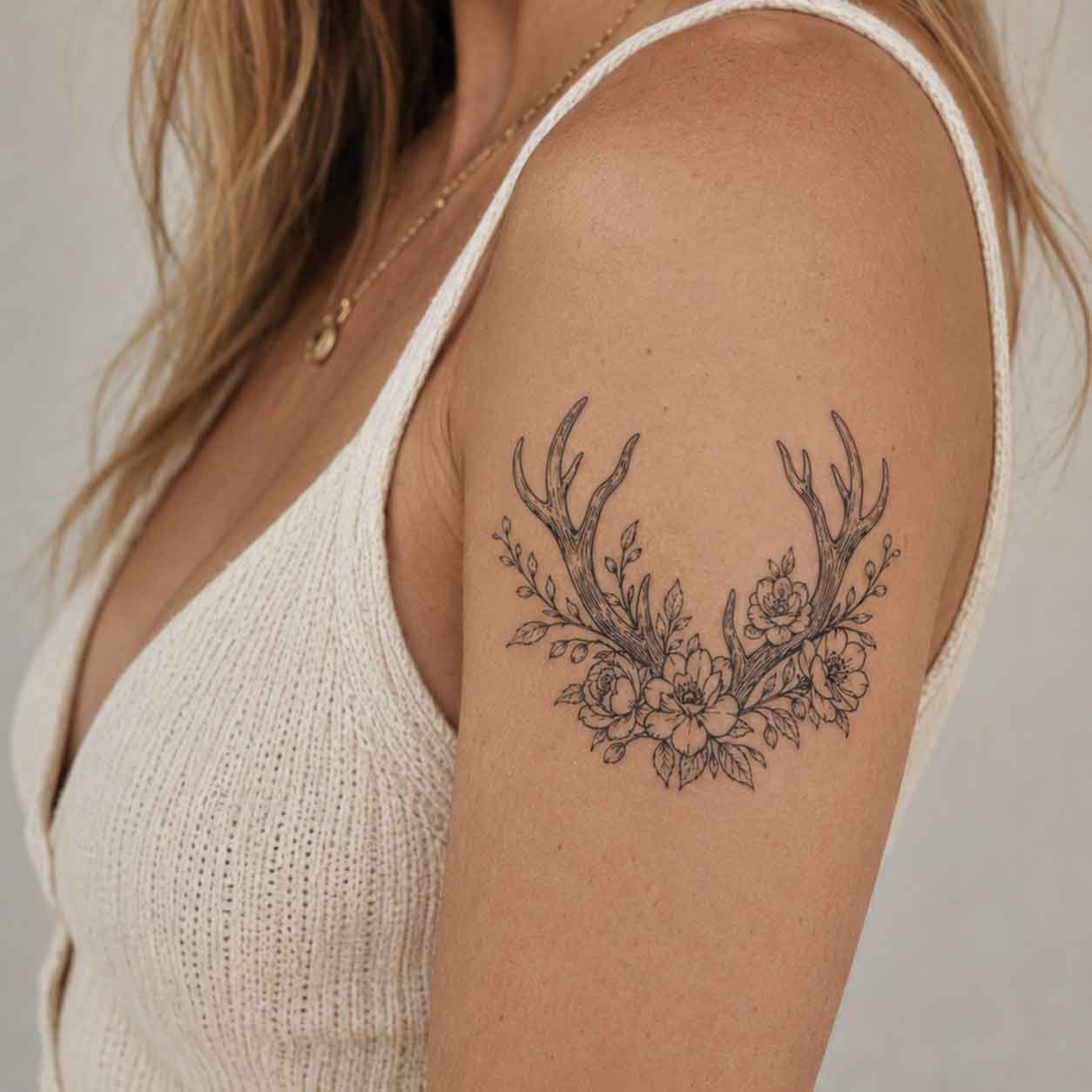 Botanical deer antler temporary tattoo on upper arm