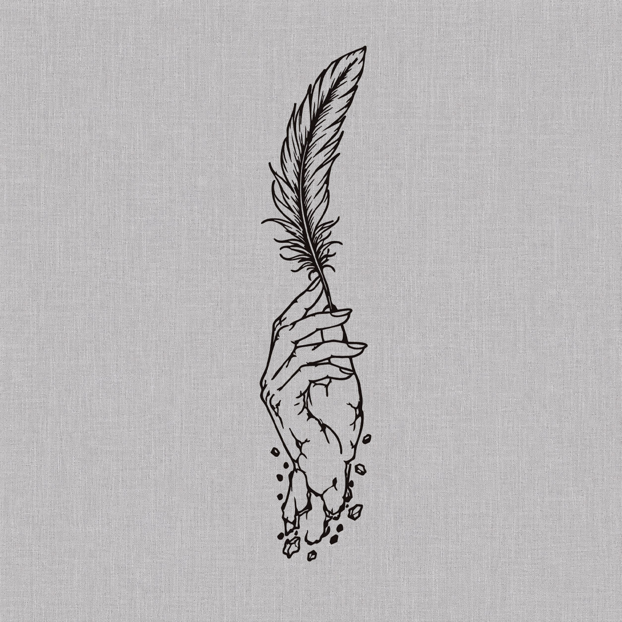 Fine line temporary tattoos design featuring a cracked statue hand holding a feather with falling stone fragments.