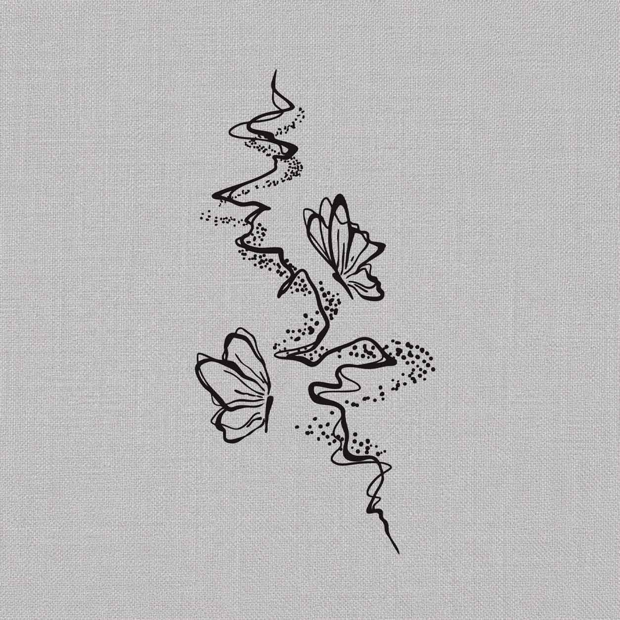 Temporary tattoo ideas design featuring two butterflies beside a winding abstract line with scattered dot details.
