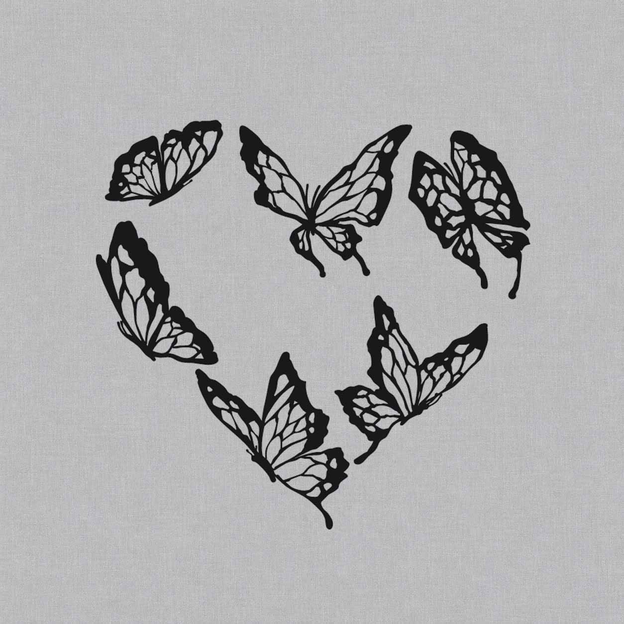 Butterfly heart semi-permanent tattoo featuring six flying butterflies arranged into an open heart shape with detailed black wings.
